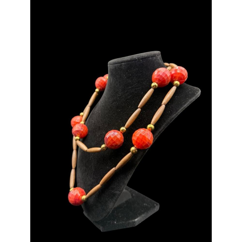 Bold Orange Bead and Wood Double Strand Long Station Necklace - Picture 2 of 5
